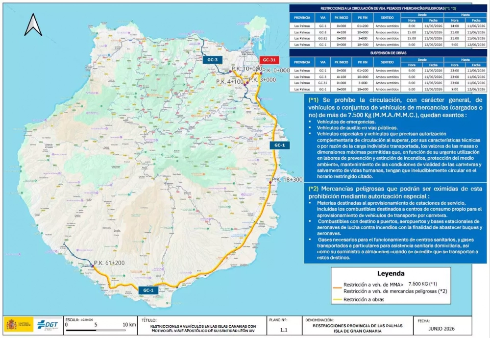 Cortes de tráfico con motivo de la visita oficial a Gran Canaria del Papa León XIV, el próximo jueves 11 de junio de 2026
